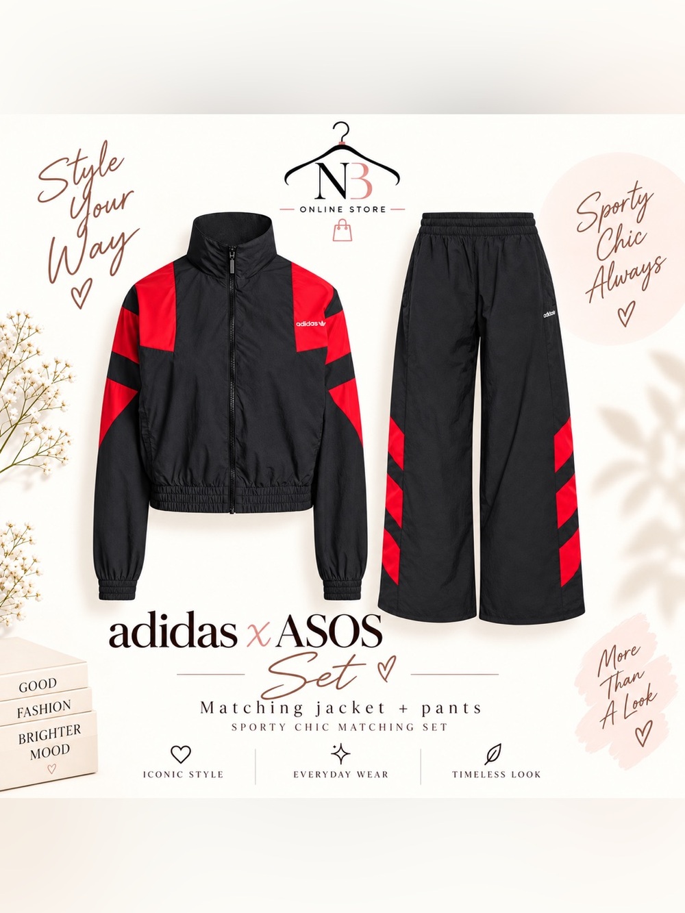 Adidas BLOCKED WASHED SET track pants and jacket, black and red